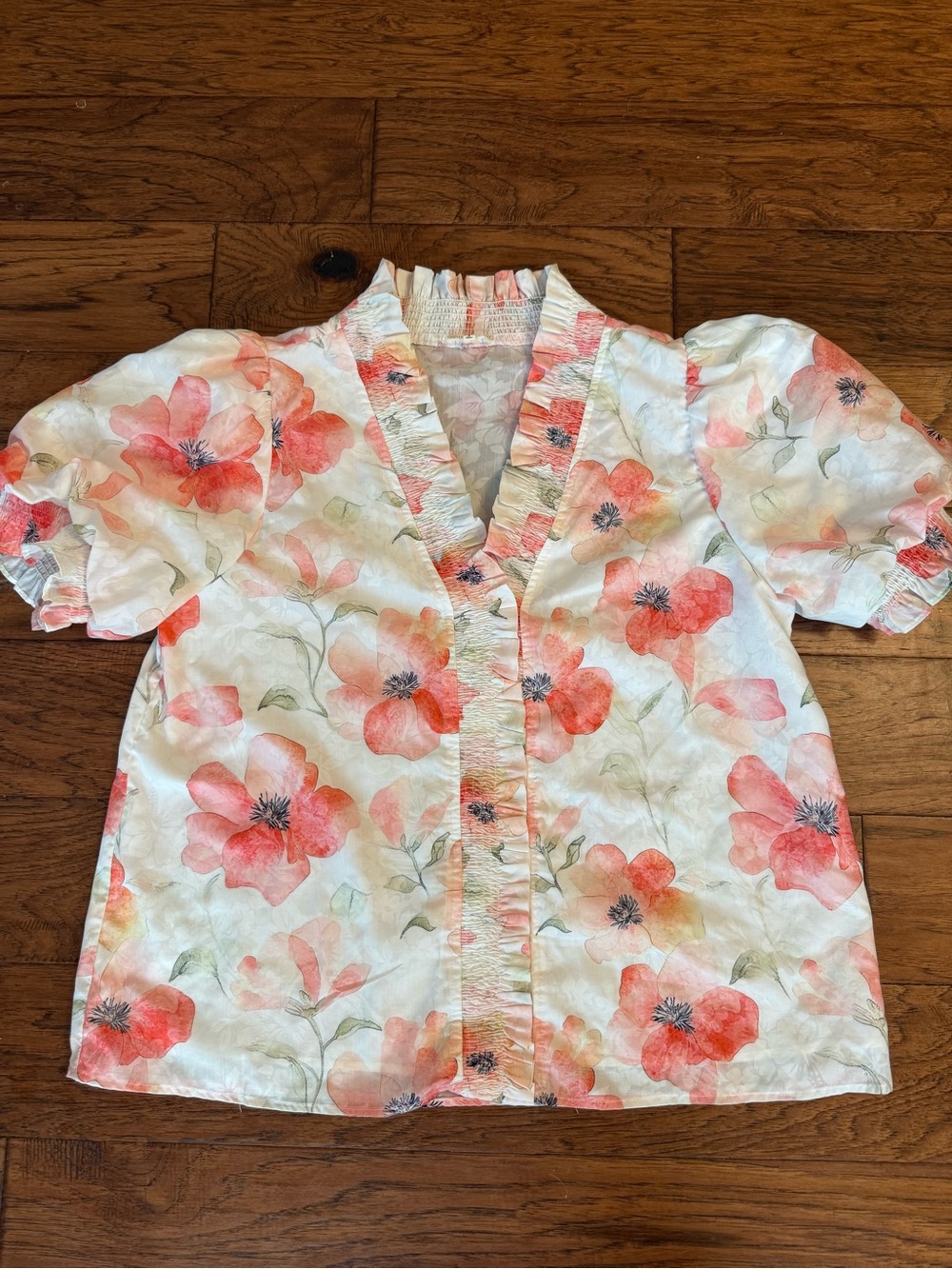Jodifl White Floral Puff Sleeve Blouse with Coral Pink Flowers Size L